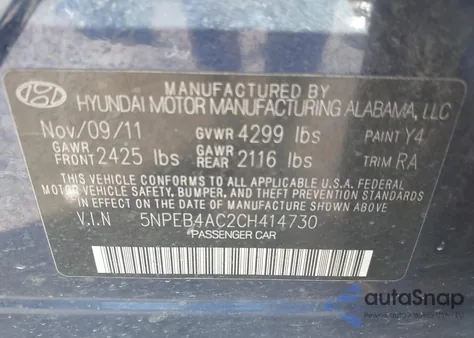 2012 Hyundai Sonata Gls z USA, uszkodzony, nr VIN 5NPEB4AC2CH414730